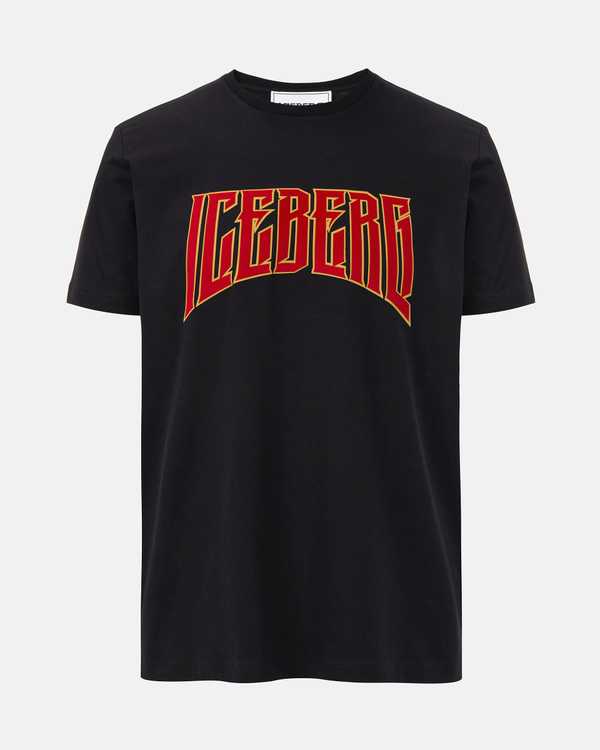 Black men's stretch cotton t-shirt with iridescent coloured logo patch - Iceberg - Official Website