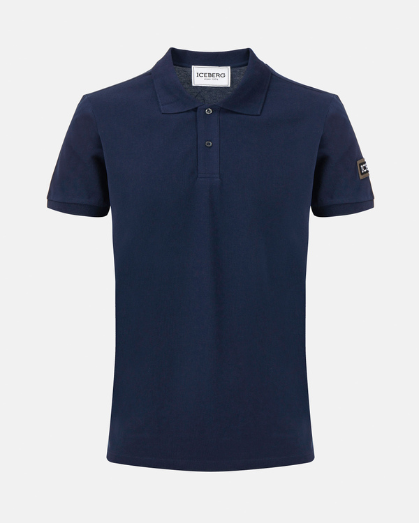 Men's blue melange cotton pique polo shirt with a 3D logo print - Iceberg - Official Website