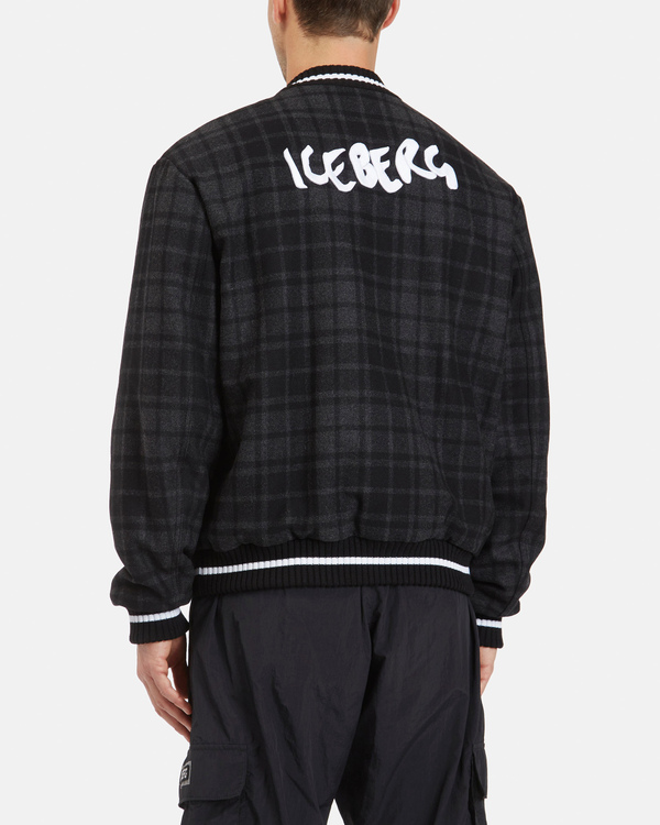 Bomber uomo in lana con pattern a quadri neri e grigi e logo ricamato 3D sul retro - Iceberg - Official Website
