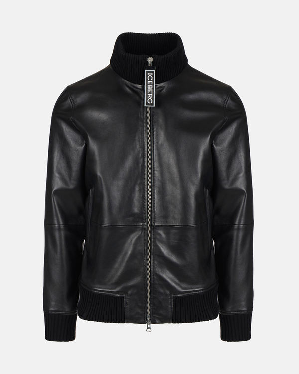Men's black leather bomber jacket with embossed logo - Iceberg - Official Website