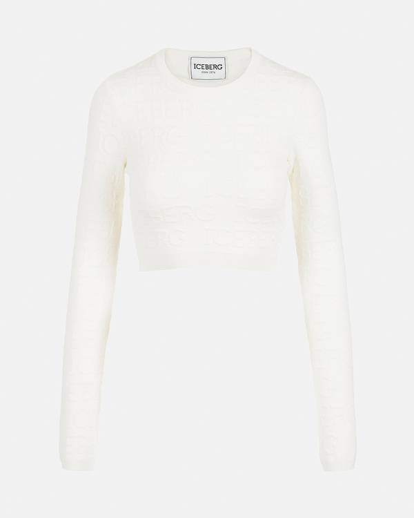 Top donna color panna cropped a maniche lunghe con logo effetto 3D tono su tono - Iceberg - Official Website