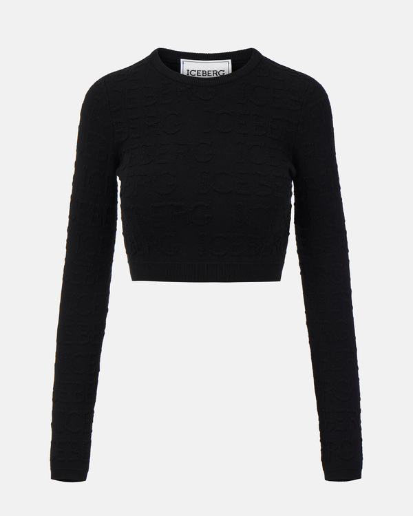 Women's black long-sleeved cropped top in stretch viscose with all-over Iceberg logo - Iceberg - Official Website