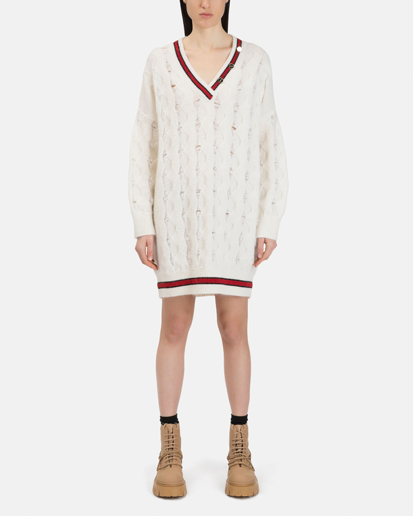 Mini abito donna color panna con scollo a V, pattern a trecce, righe a contrasto e bottoni dorati - Iceberg - Official Website