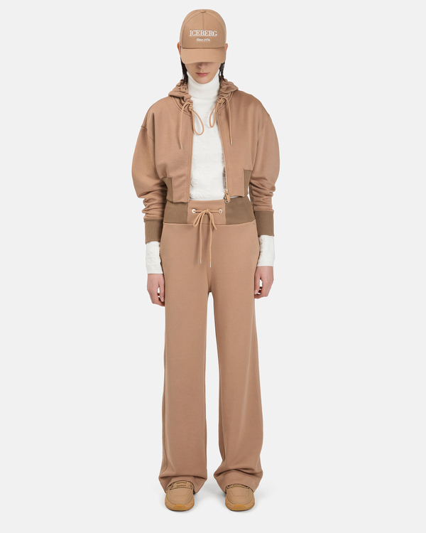 Pantaloni donna color cammello  wide leg con coulisse in vita e logo a intarsio tono su tono - Iceberg - Official Website