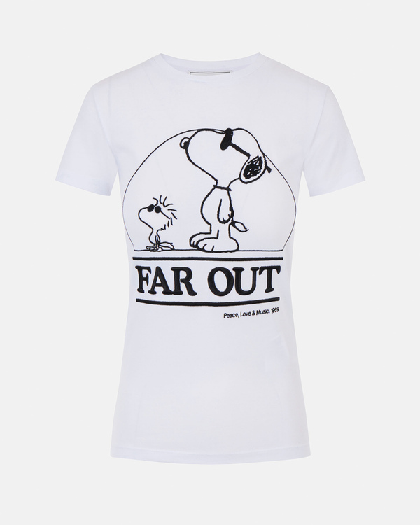 T-shirt donna bianco ottico in cotone elasticizzato con ricamo SNOOPY FAR OUT - Iceberg - Official Website
