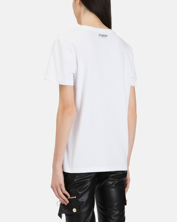 T-shirt donna bianco ottico in cotone con grafica ricamata Love Peanuts e logo sul retro - Iceberg - Official Website