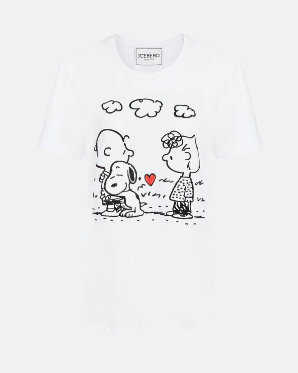 T-shirt donna bianco ottico in cotone con grafica ricamata Love Peanuts e logo sul retro - Iceberg - Official Website
