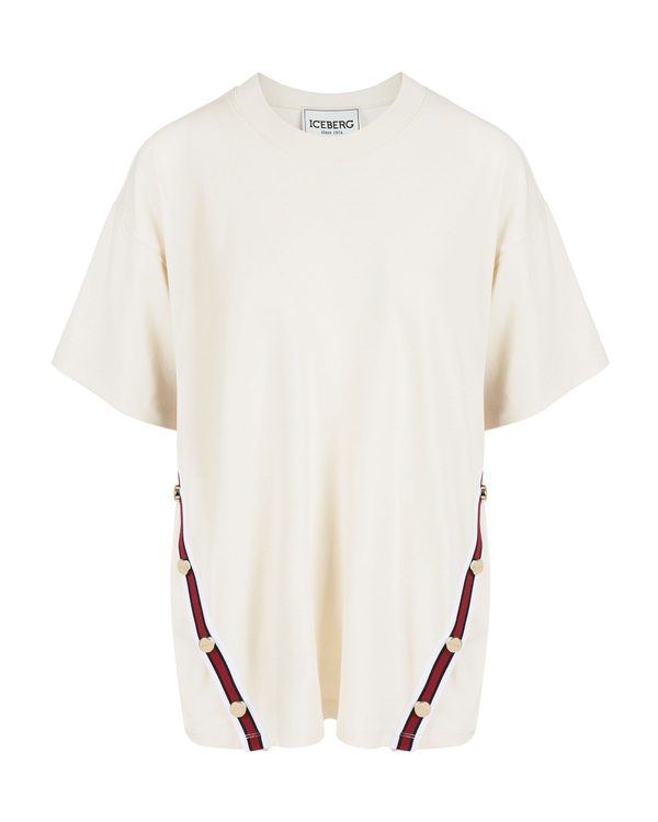 T-shirt donna color cipria in cotone con nastro rigato asimmetrico a contrasto - Iceberg - Official Website