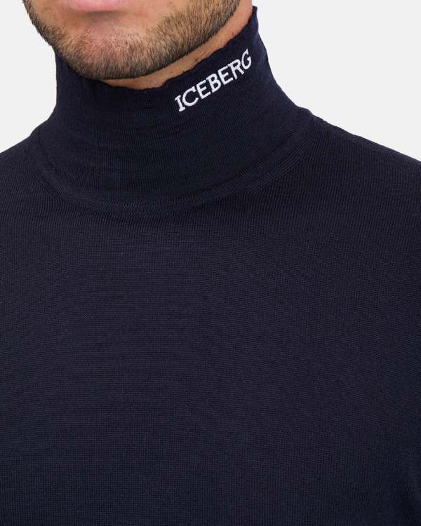 Men's blue merino wool polo neck with Iceberg log on the neck - Iceberg - Official Website