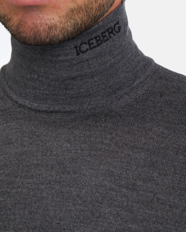 Men's grey melange merino wool polo neck with Iceberg log - Iceberg - Official Website