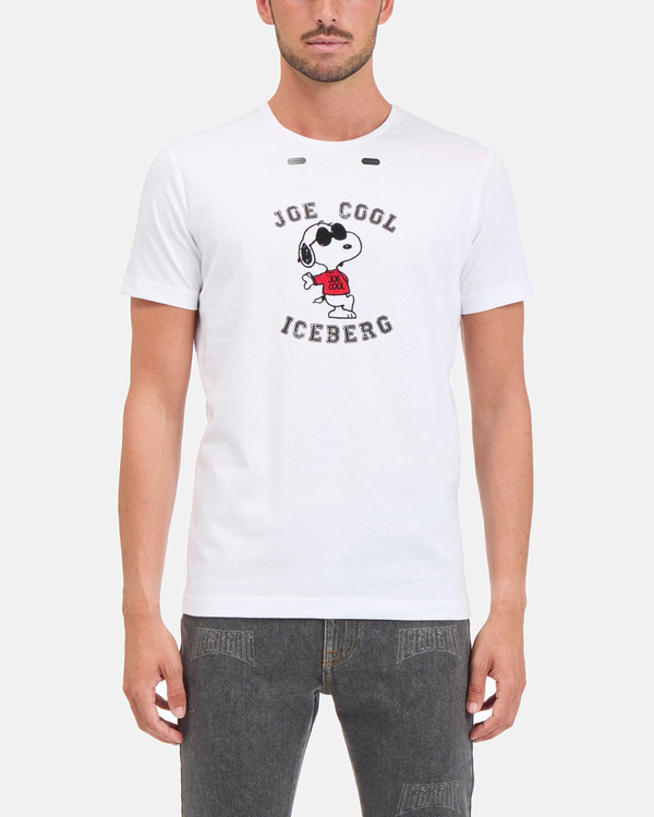 T-shirt uomo in cotone bianco ottico con stampa "Snoopy Joe cool" e asole per cuffiette - Iceberg - Official Website