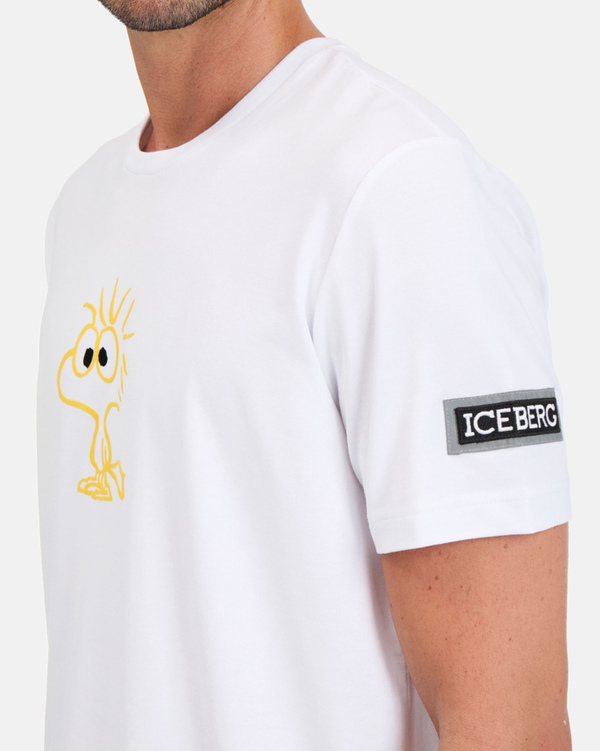 Men's white stretch cotton T-shirt with "Woodstock" print and logo - Iceberg - Official Website