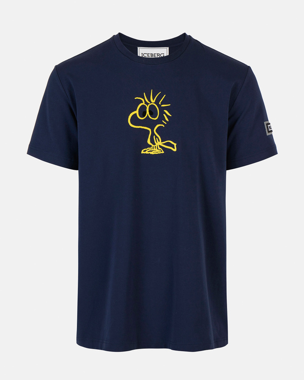 T-shirt uomo blu in cotone stretch con grafica Woodstock e logo sulla manica - Iceberg - Official Website