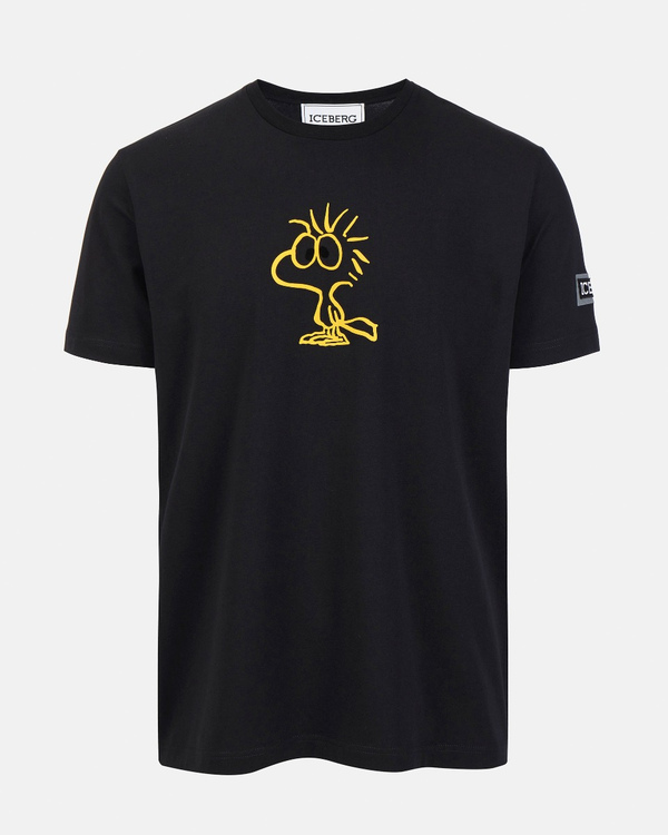 Men's black stretch cotton T-shirt with "Woodstock" print and logo - Iceberg - Official Website