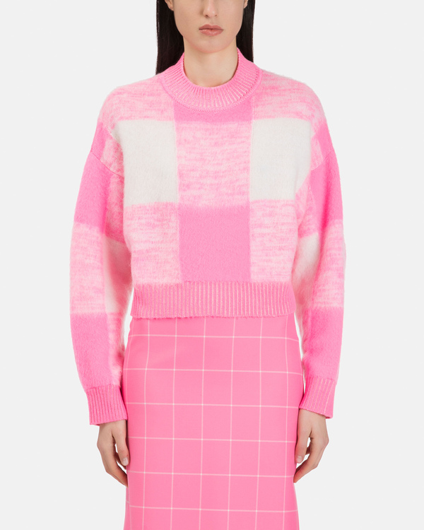 Pullover donna rosa e bianco cropped a maniche lunghe con pattern Maxi Check - Iceberg - Official Website