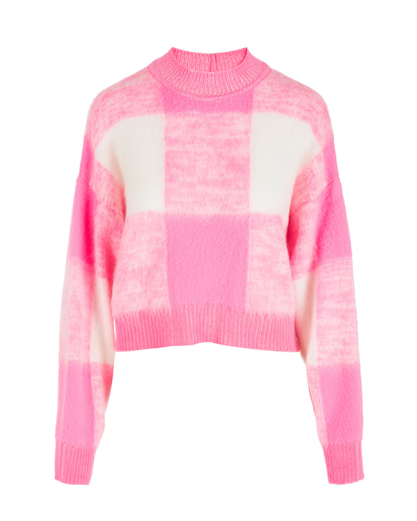 Pullover donna rosa e bianco cropped a maniche lunghe con pattern Maxi Check - Iceberg - Official Website