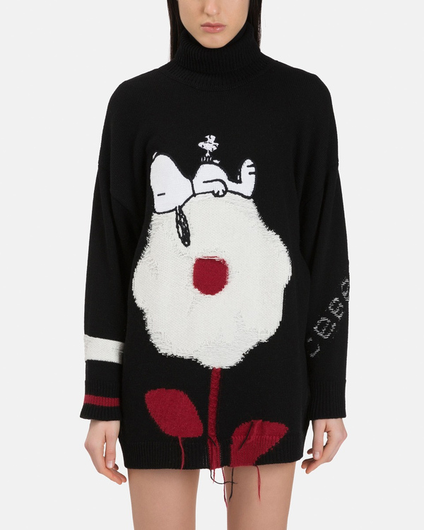 Mini abito donna nero in lana lambswool con collo alto e intarsio Flower Snoopy - Iceberg - Official Website