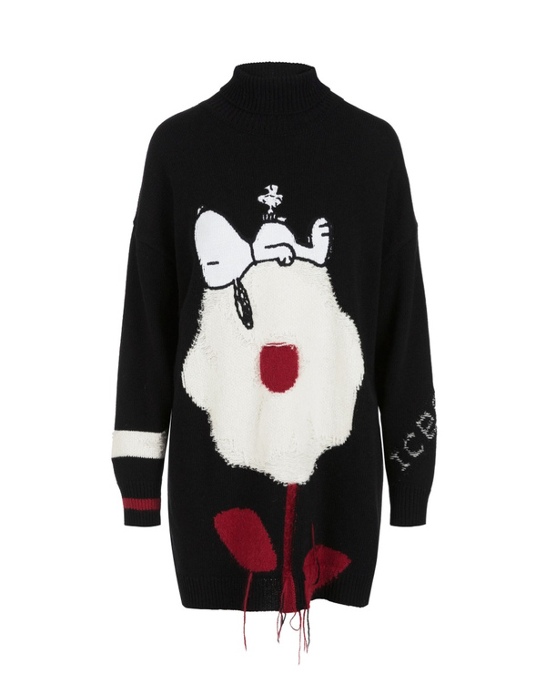 Mini abito donna nero in lana lambswool con collo alto e intarsio Flower Snoopy - Iceberg - Official Website
