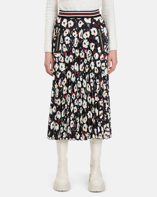 Women's midi pleated skirt with abstract flower pattern over black - Iceberg - Official Website