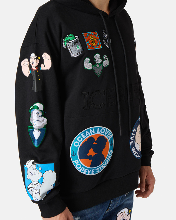 Patchwork Popeye black hooded sweatshirt - Iceberg - Official Website