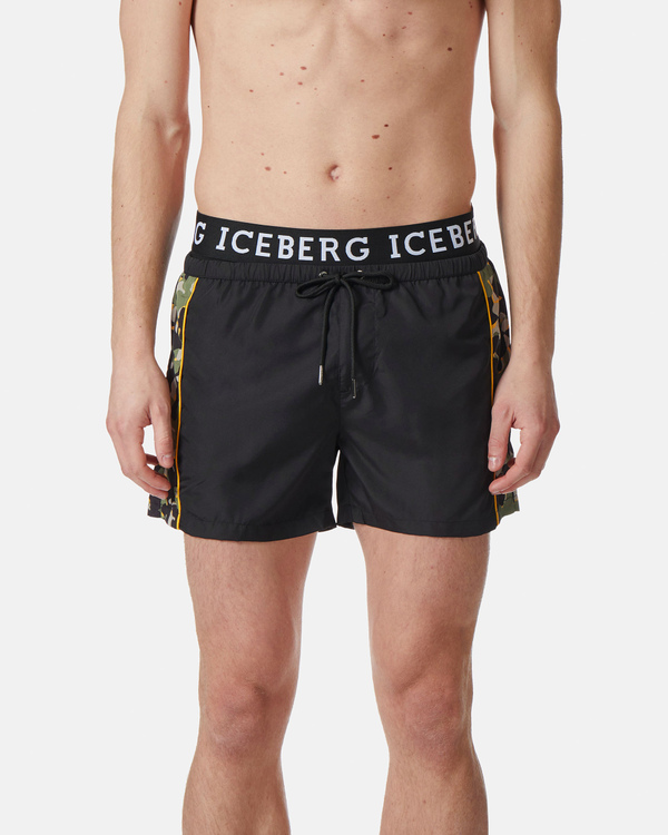 Black with camo print side boxer swimming shorts - Iceberg - Official Website