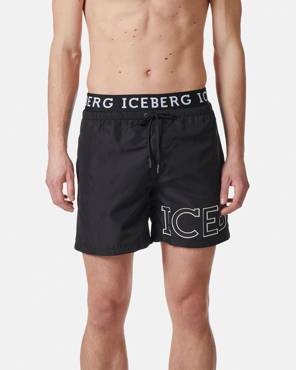 Black institutional logo waistband swimming boxer shorts - Iceberg - Official Website