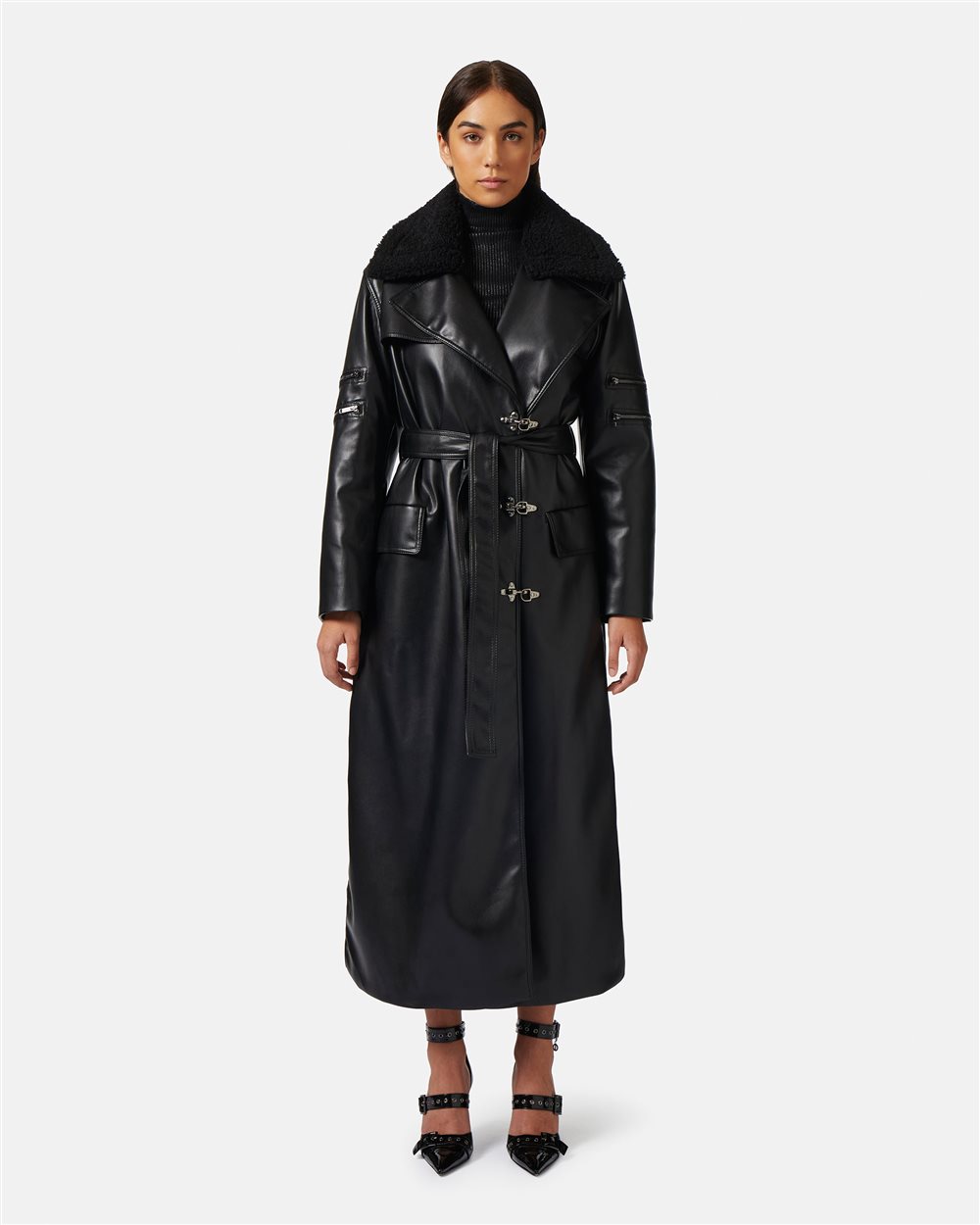 Ecoleather coat with snap hooks Iceberg