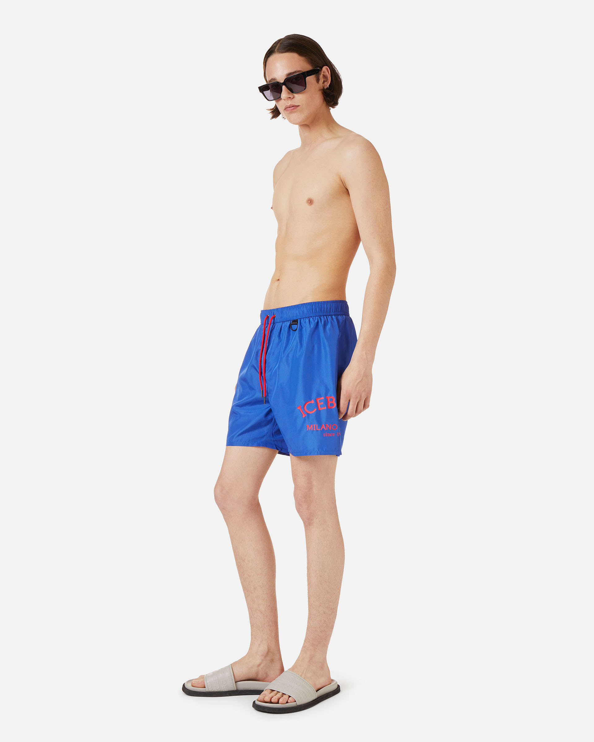 Blue swim boxer shorts with drawstring and contrasting Iceberg logo on the leg - Iceberg - Official Website