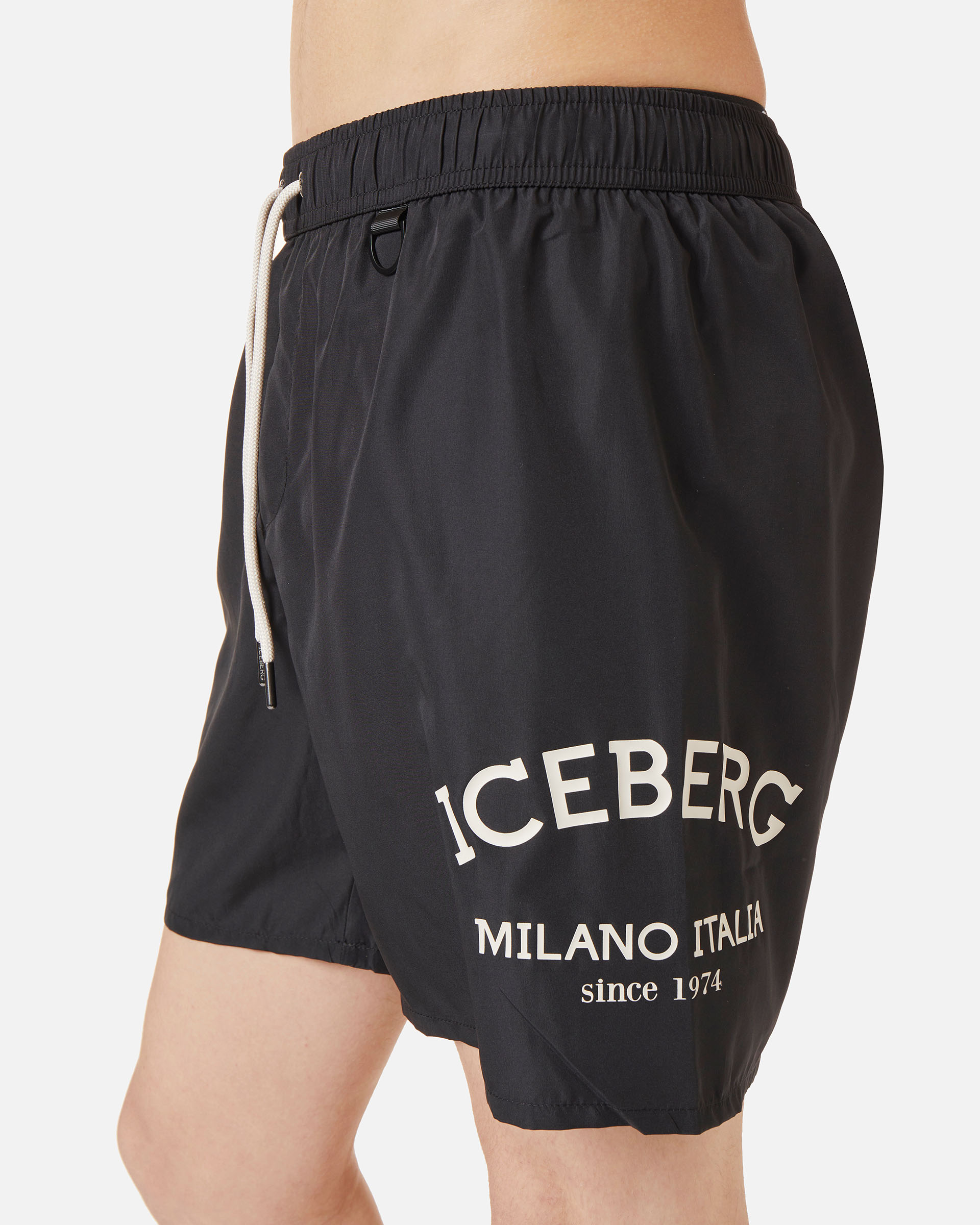 Black swim trunks with drawstring and contrasting Iceberg logo on the leg - Iceberg - Official Website