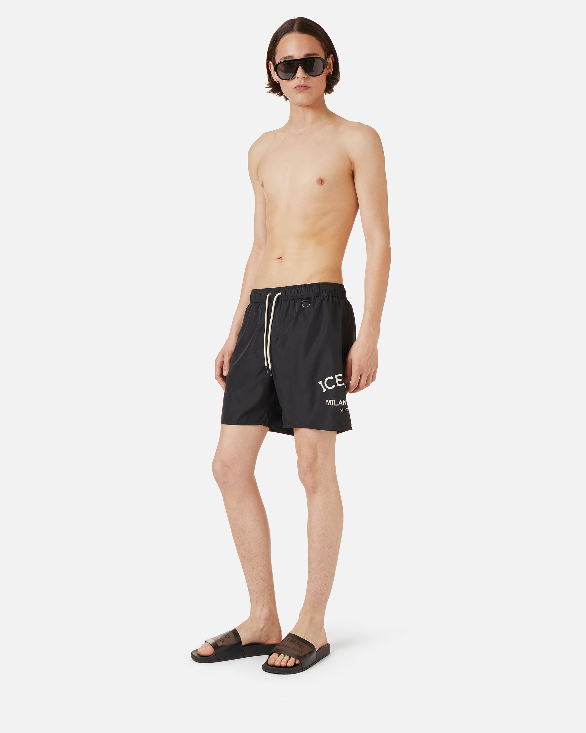 Black swim trunks with drawstring and contrasting Iceberg logo on the leg - Iceberg - Official Website