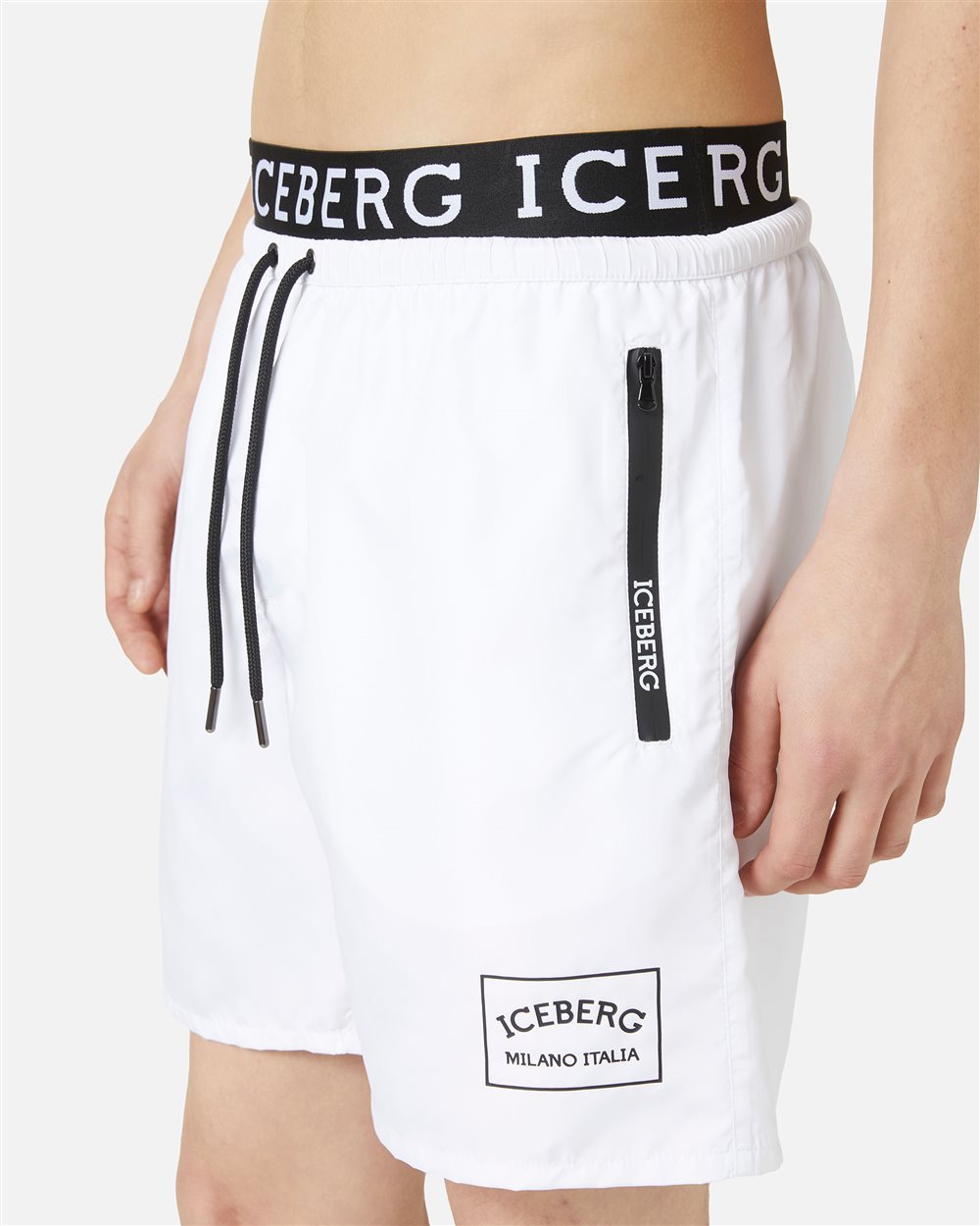 Boxer mare bianco ottico con fascia in vita con logo Iceberg e coulisse con colore a contrasto - Iceberg - Official Website