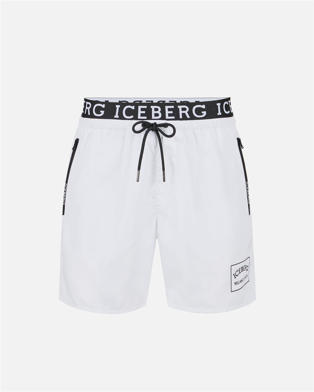 Boxer mare bianco ottico con fascia in vita con logo Iceberg e coulisse con colore a contrasto - Iceberg - Official Website