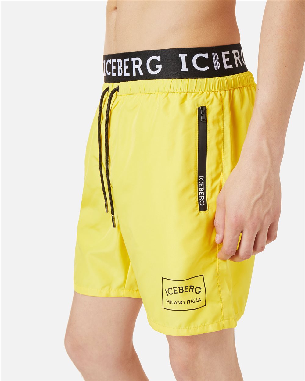 Sun yellow swim trunks with Iceberg logo waistband and contrasting color drawstring - Iceberg - Official Website