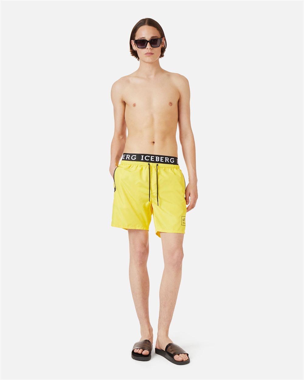 Sun yellow swim trunks with Iceberg logo waistband and contrasting color drawstring - Iceberg - Official Website
