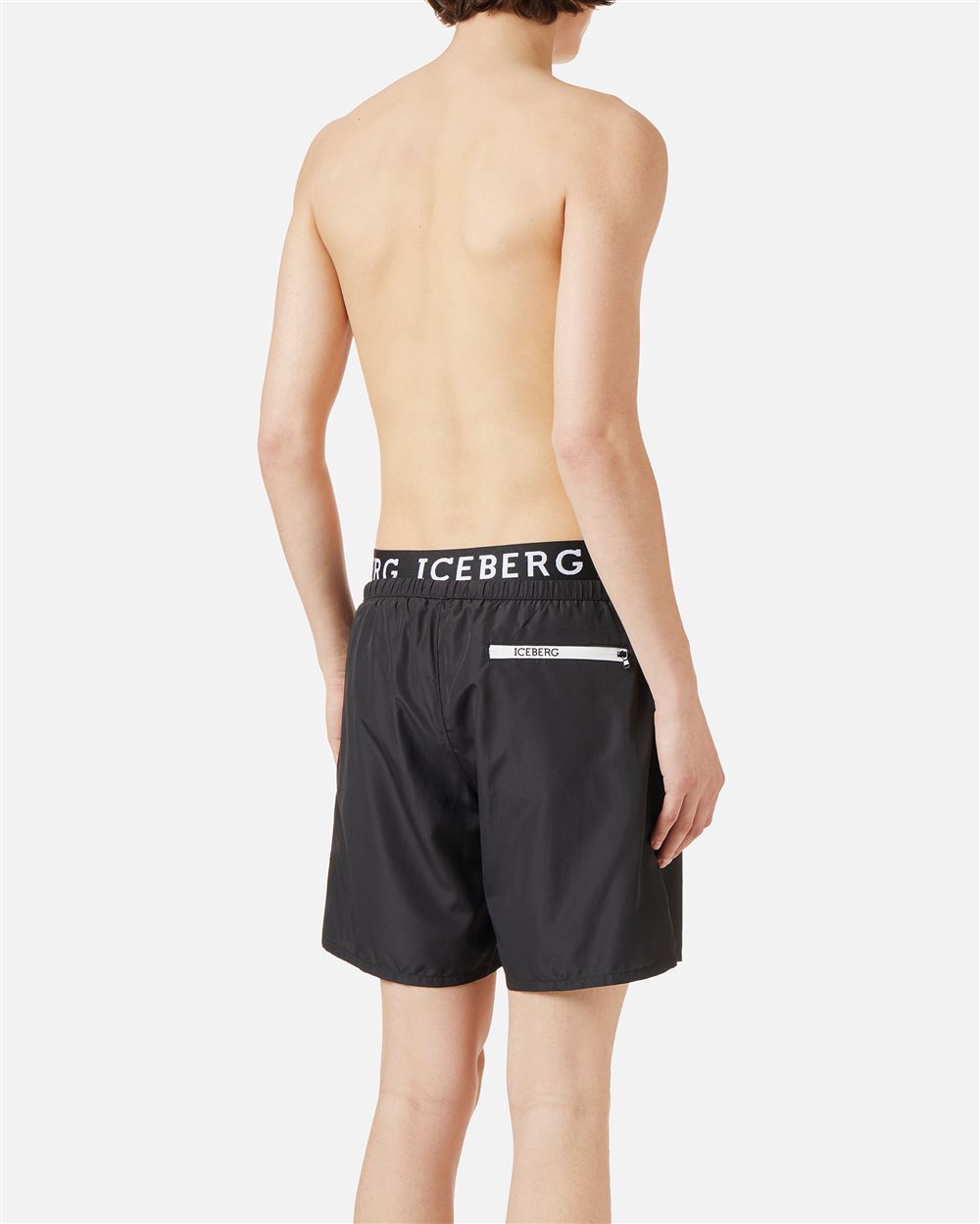 Black swim trunks with Iceberg logo waistband and contrasting color drawstring - Iceberg - Official Website