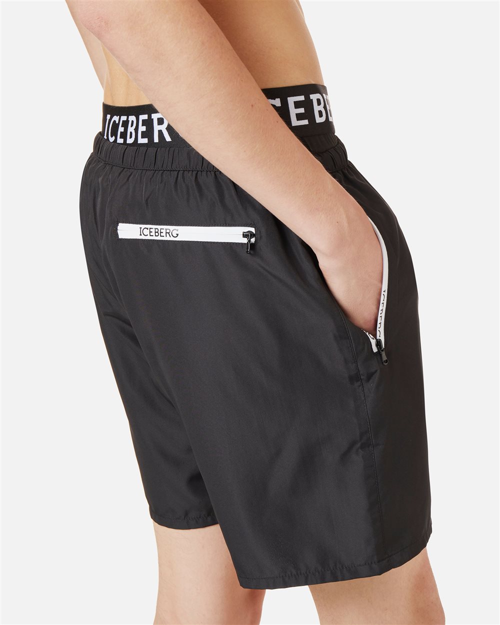 Black swim trunks with Iceberg logo waistband and contrasting color drawstring - Iceberg - Official Website