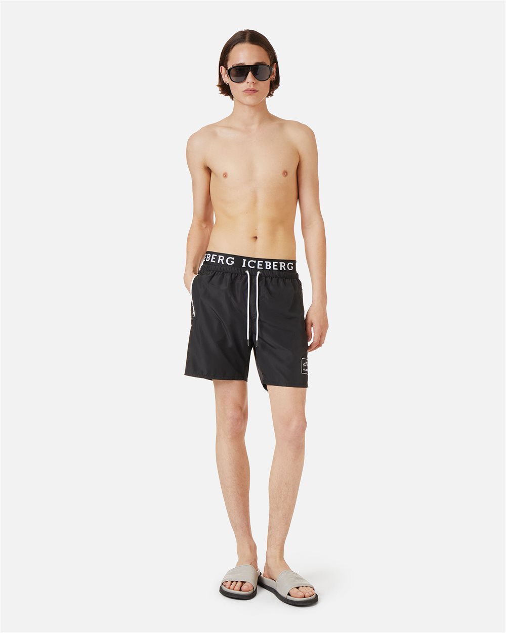 Black swim trunks with Iceberg logo waistband and contrasting color drawstring - Iceberg - Official Website