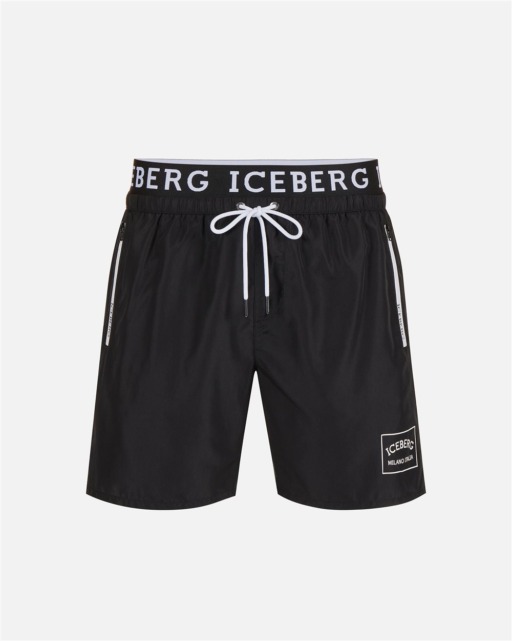 Black swim trunks with Iceberg logo waistband and contrasting color drawstring - Iceberg - Official Website
