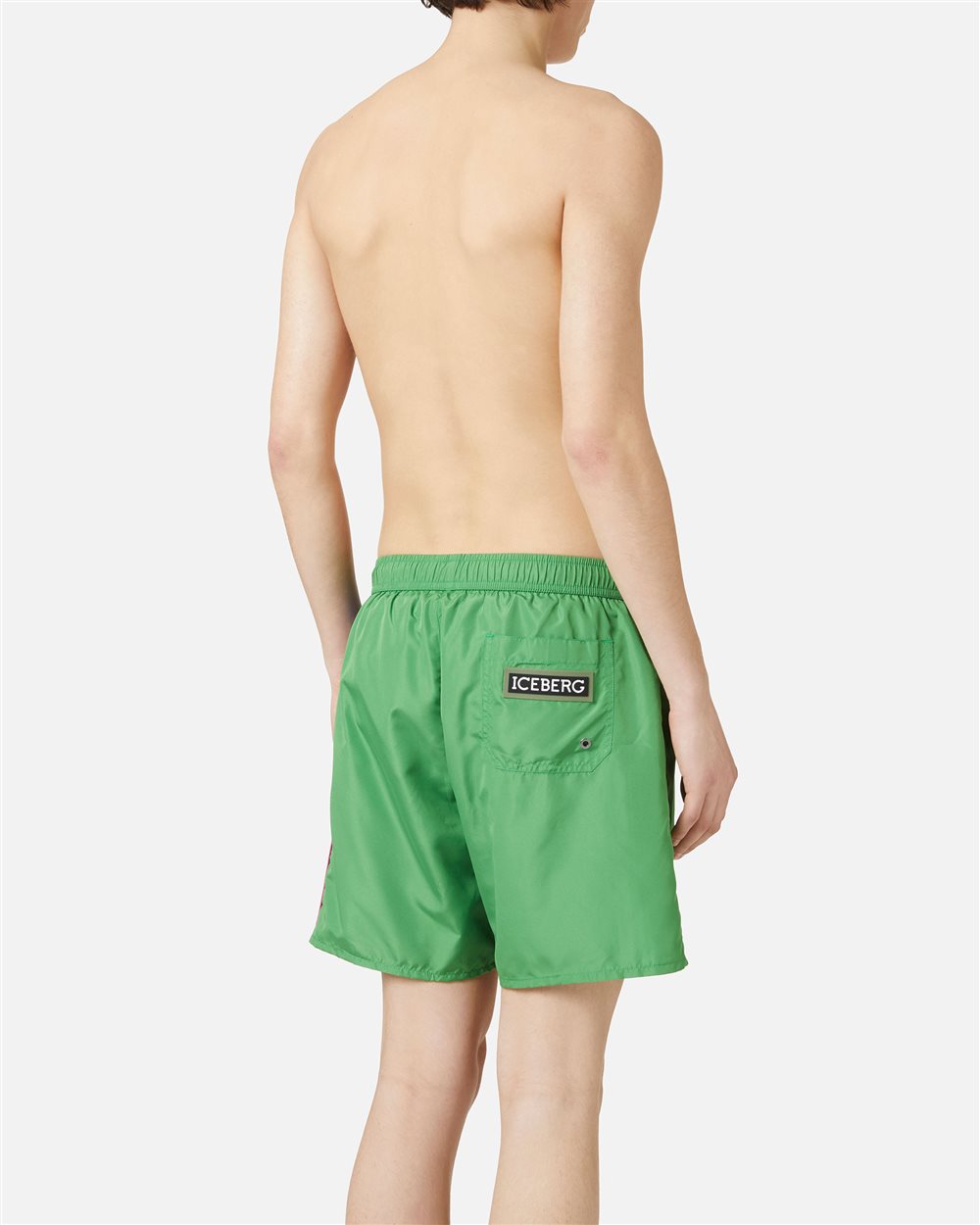 Emerald Green Swim Trunks with Drawstring and Contrasting Band on the Left Side - Iceberg - Official Website