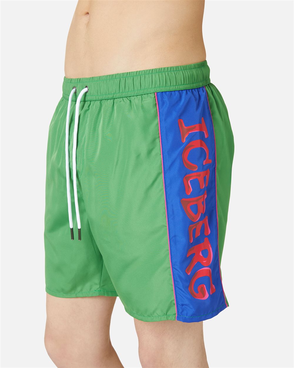 Emerald Green Swim Trunks with Drawstring and Contrasting Band on the Left Side - Iceberg - Official Website