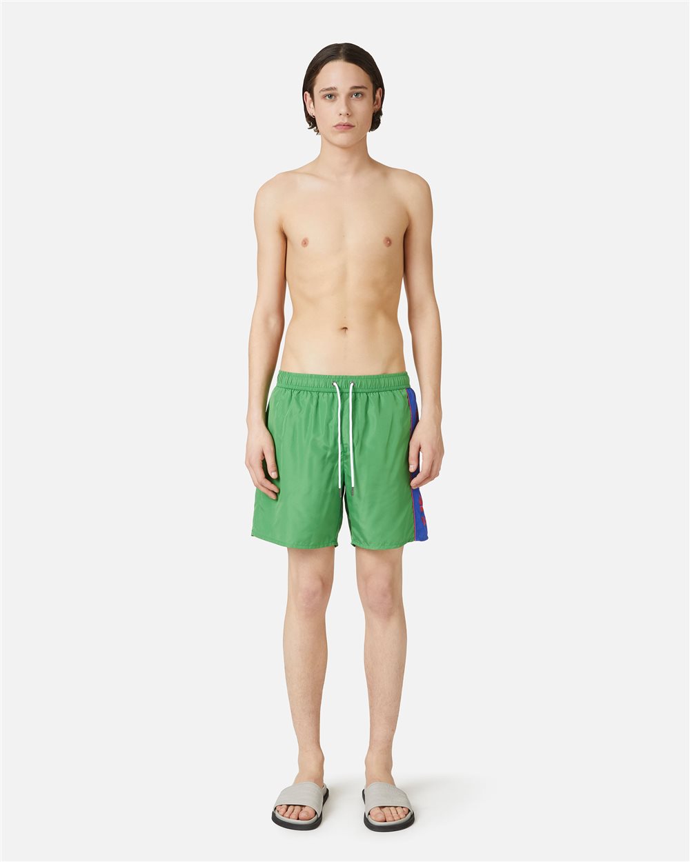 Emerald Green Swim Trunks with Drawstring and Contrasting Band on the Left Side - Iceberg - Official Website