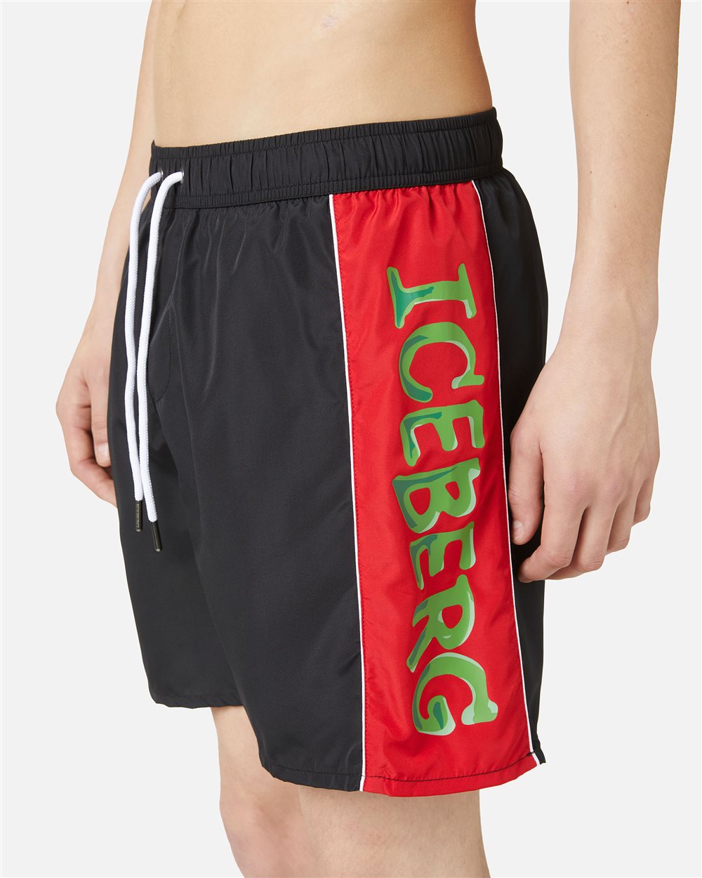 Black swim trunks with drawstring and contrasting band on the left side - Iceberg - Official Website