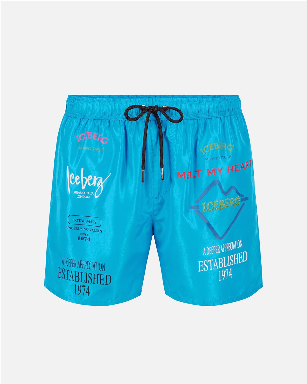 Badehose in hellem Türkis mit Prints, Schriftzug und Tunnelzug in Kontrastfarbe - Iceberg - Official Website