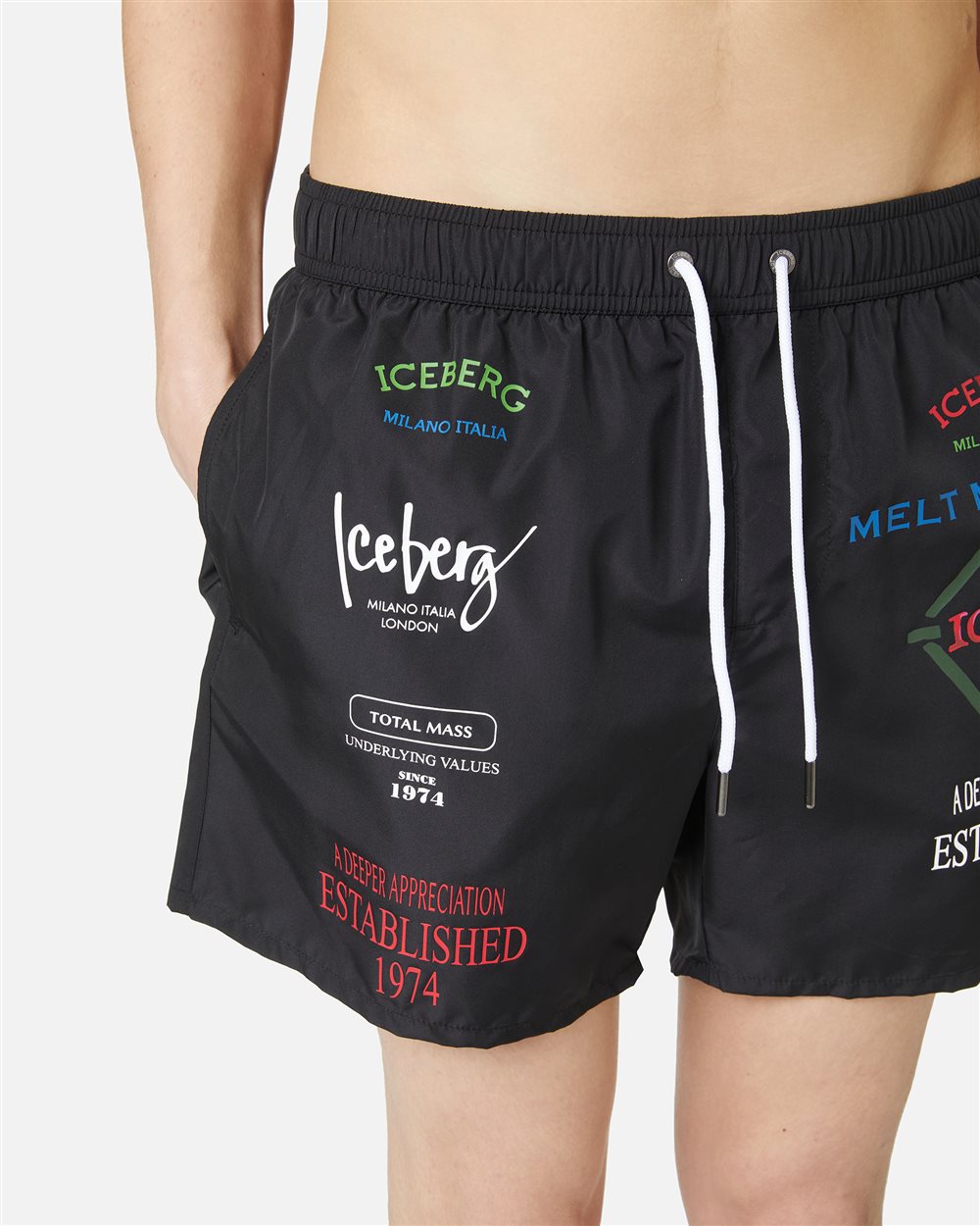 Black swim trunks with contrasting prints, writing and drawstring - Iceberg - Official Website