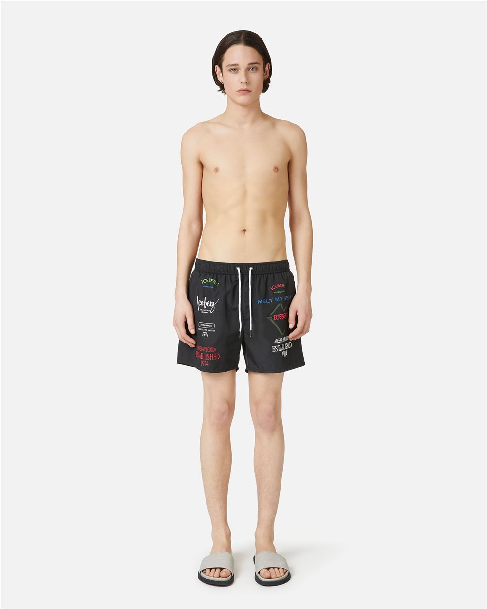 Black swim trunks with contrasting prints, writing and drawstring - Iceberg - Official Website