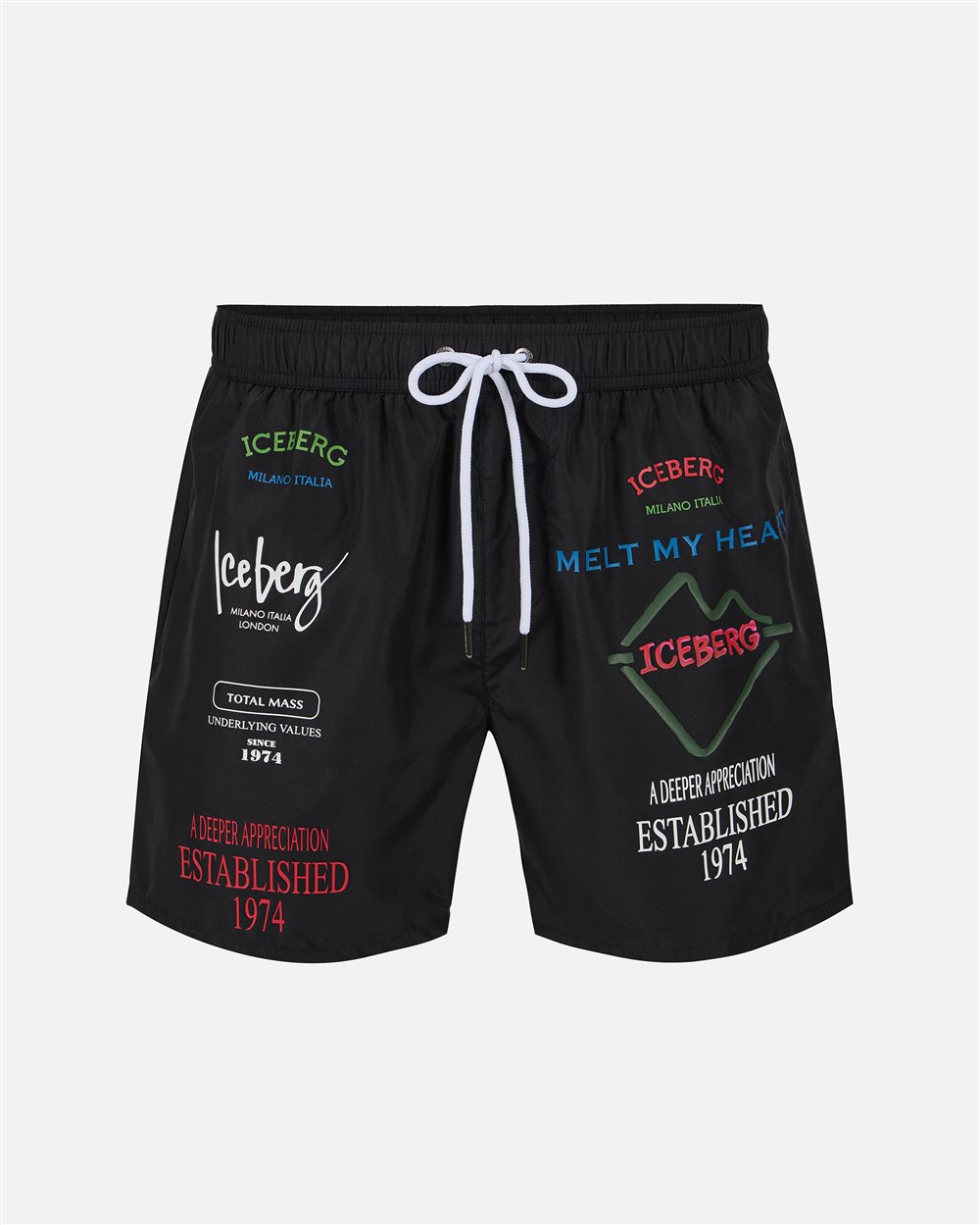 Black swim trunks with contrasting prints, writing and drawstring - Iceberg - Official Website