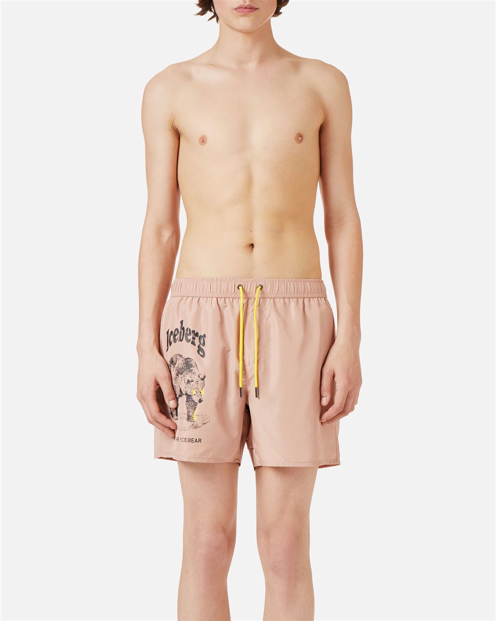 Powder pink swim trunks with tone-on-tone rubber prints and contrasting drawstring - Iceberg - Official Website