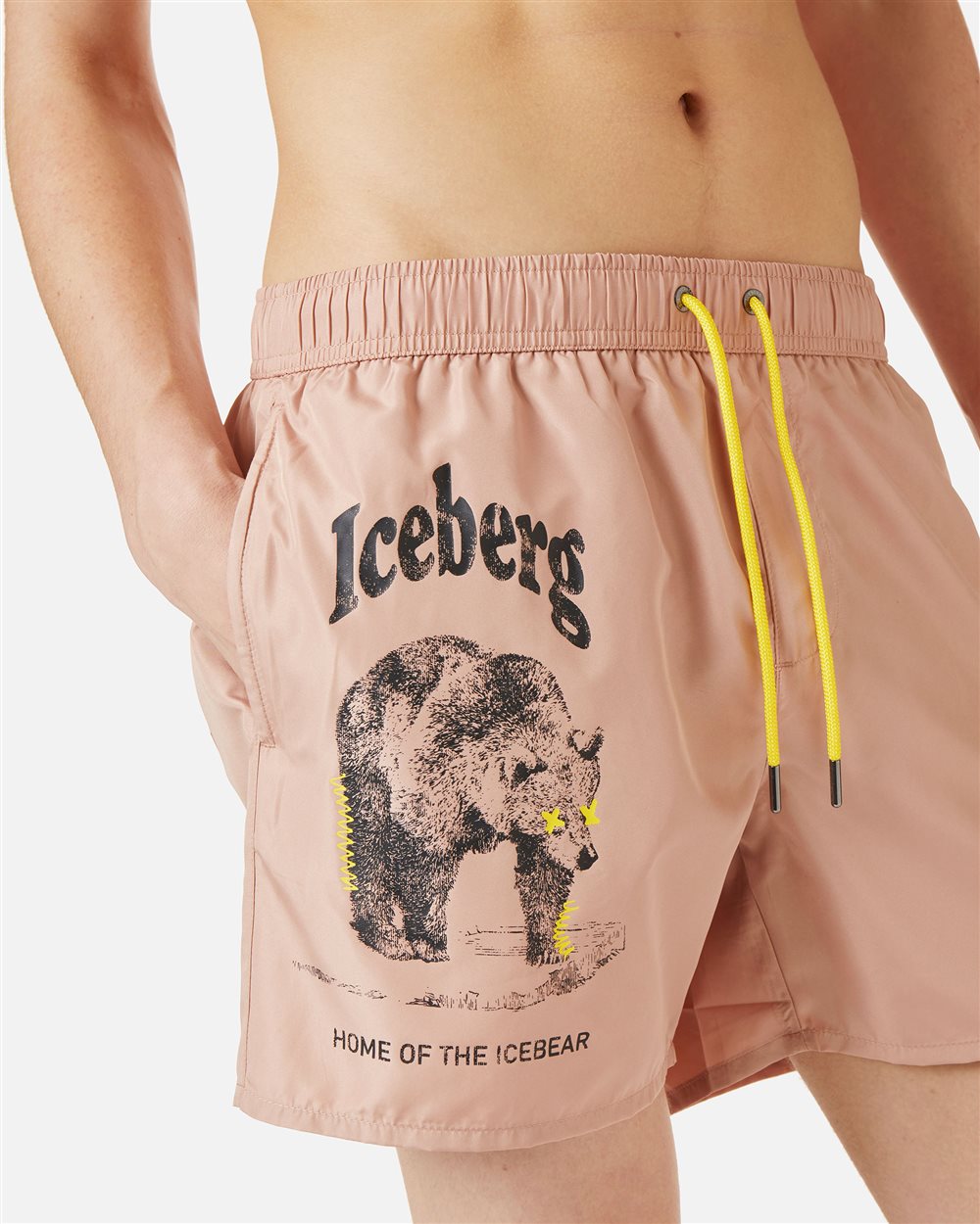 Powder pink swim trunks with tone-on-tone rubber prints and contrasting drawstring - Iceberg - Official Website