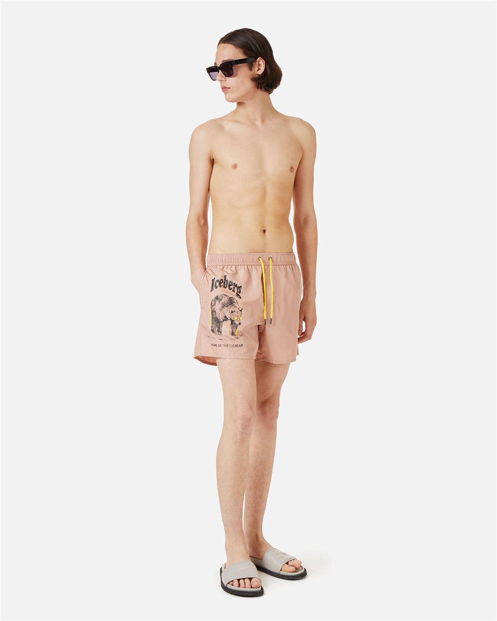 Powder pink swim trunks with tone-on-tone rubber prints and contrasting drawstring - Iceberg - Official Website