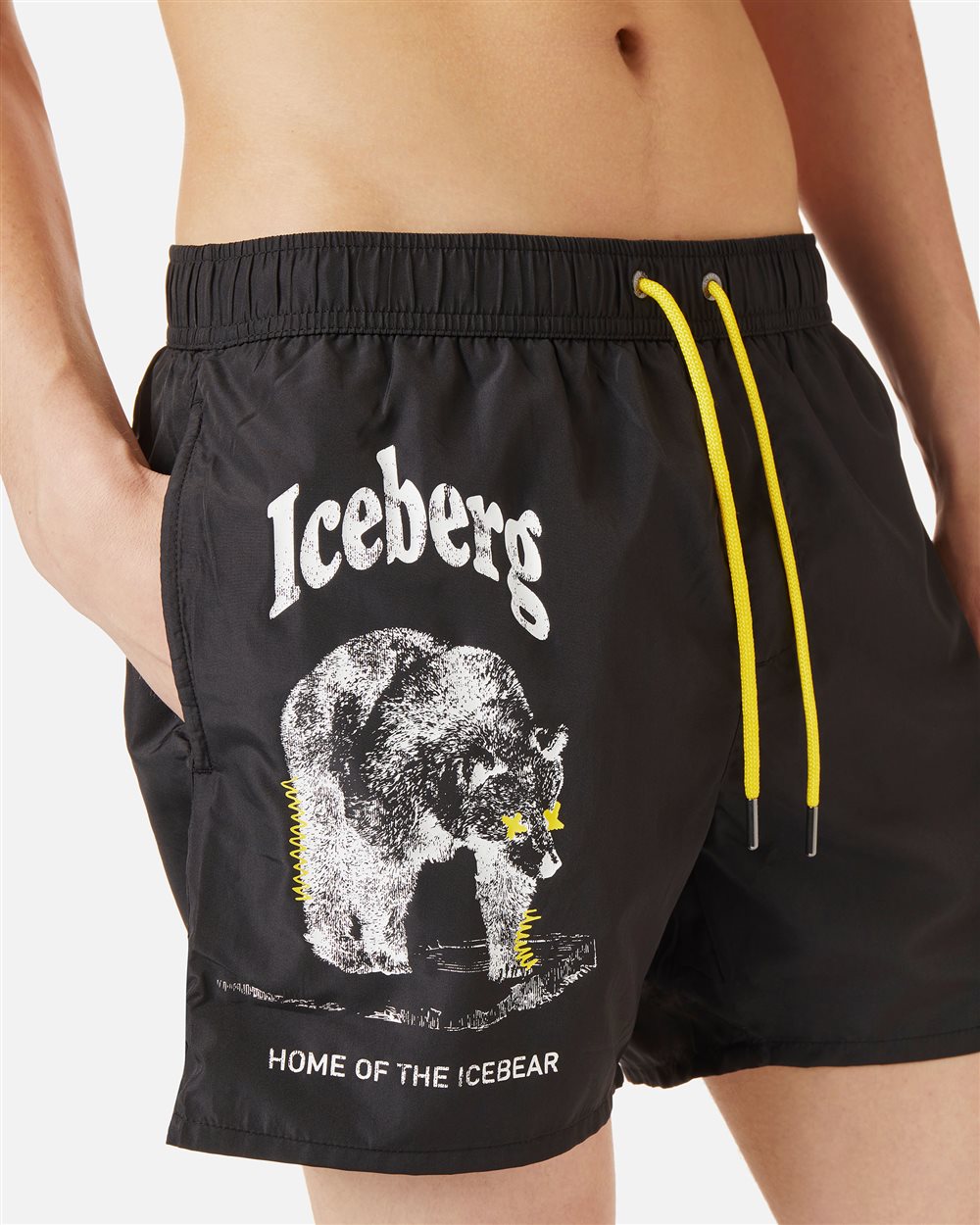 Black swim trunks with tone-on-tone rubber prints and contrasting drawstring - Iceberg - Official Website